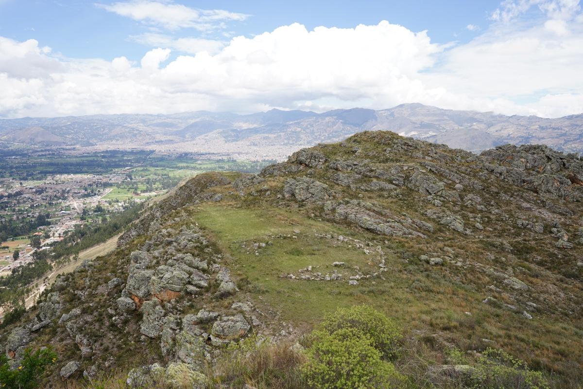 Drone view of newly excavated circular stone site in Peru